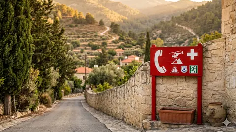 Red emergency sign on a beige limestone wall in Cyprus at golden hour