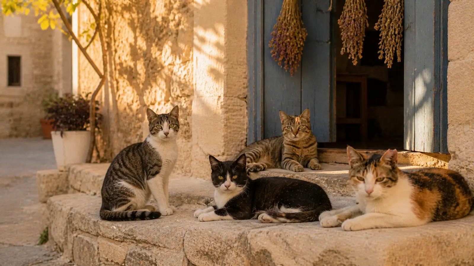 Straßenkatzen auf einer Steinmauer in Zypern