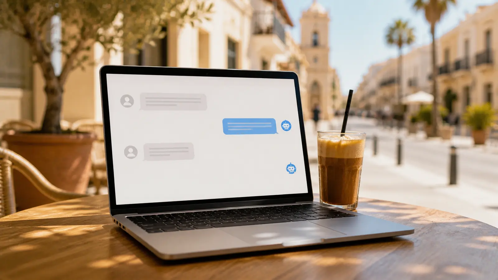 Laptop με ανοιχτό AI βοηθό δίπλα σε φραπέ σε ηλιόλουστη βεράντα στη Λάρνακα