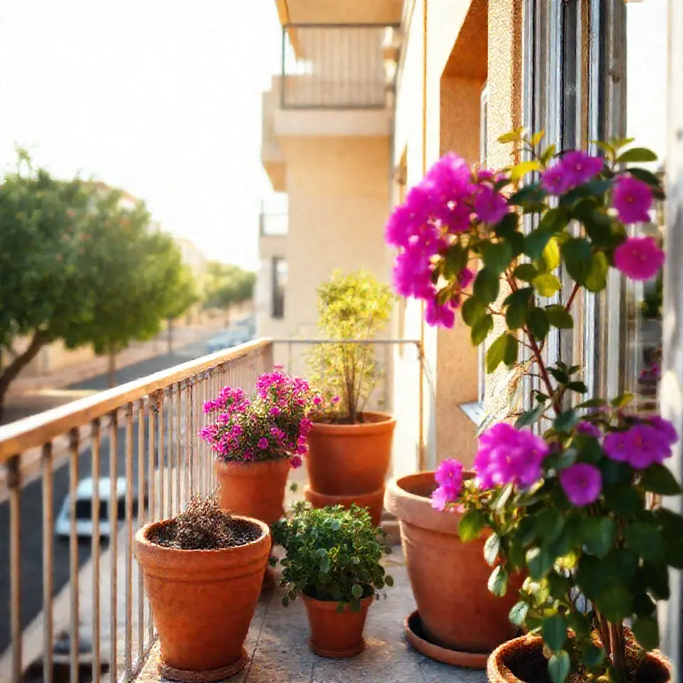 Heller zypriotischer Innenhof mit Bougainvillea und Steinboden